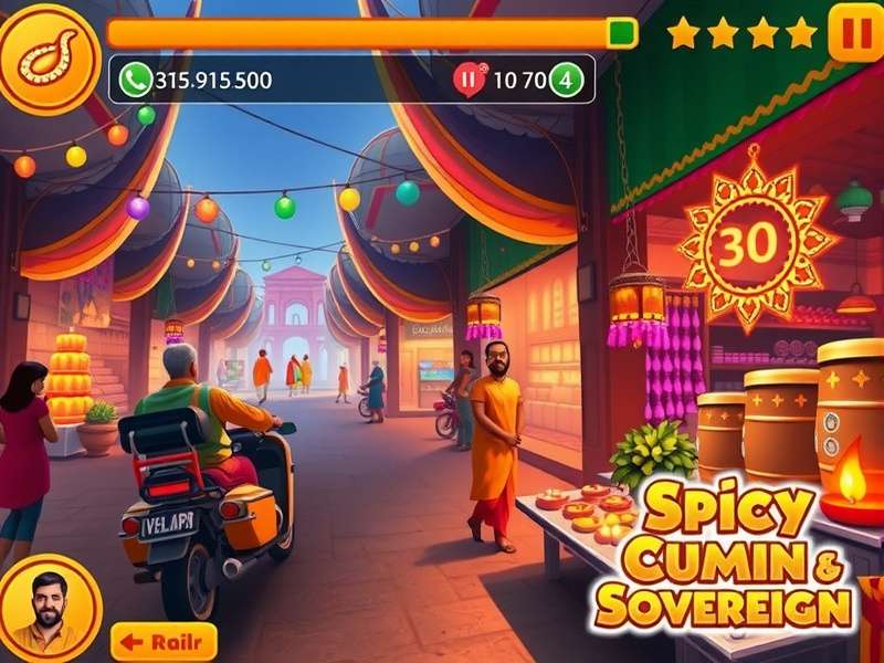 Spicy Cumin Sovereign game screenshot showing vibrant Indian marketplace